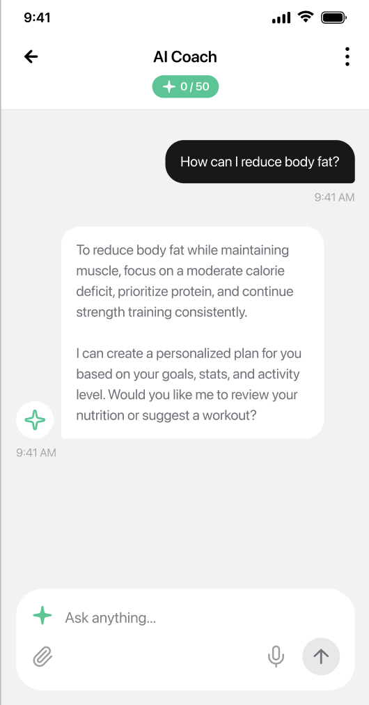 Synopsis AI Coach answering a personalized body-fat question